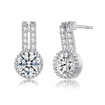 CZ Solitaire Milgrain Double Drop Earrings In White Rhodium Over Brass