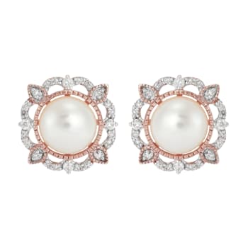 7mm Round White Freshwater Pearl and 0.18ctw Diamond 10K Rose Gold
Floral Stud Earrings