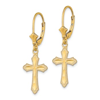 14k Yellow Gold Diamond-Cut and Textured Cross with Beaded Edge Dangle Earrings