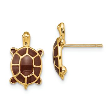 14k Yellow Gold Brown Enamel Sea Turtle Stud Earrings