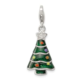 Rhodium Over Sterling Silver CZ and Enameled Christmas Tree Charm