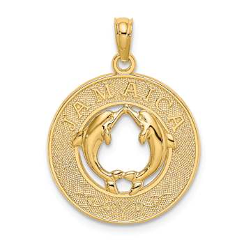 14k Yellow Gold Textured Jamaica with Dolphins Circle Charm