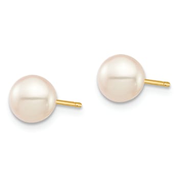 14K Yellow Gold 6-7mm White Round Freshwater Cultured Pearl Stud Post Earrings