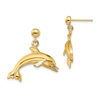 14k Yellow Gold Jumping Dolphin Dangle Earrings