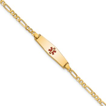 14k Yellow Gold Medical Soft Diamond Shape Red Enamel Figaro Link ID Bracelet