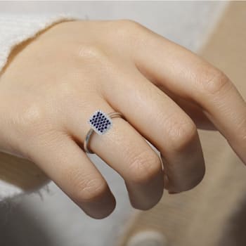Blue Sapphire and Moissanite Sterling Silver Rectangle Cluster Ring
