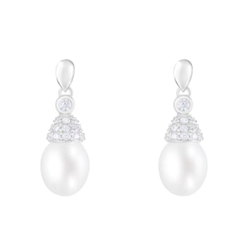 7.5-8mm White Cultured Freshwater Pearl Rhodium Over Sterling Silver Earrings