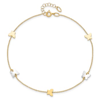 14K Two-tone Polished Butterfly with 1-inch Extension Anklet