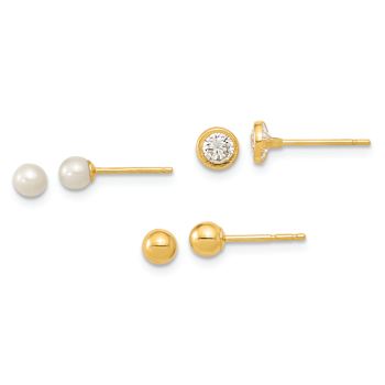 14k Yellow Gold 3.5mm Polished Ball Post Pearl and Cubic Zirconia
Three-Pair Stud Earrings Set