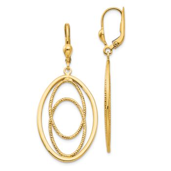 14k Yellow Gold Textured and Polished Triple Oval Dangle Earrings