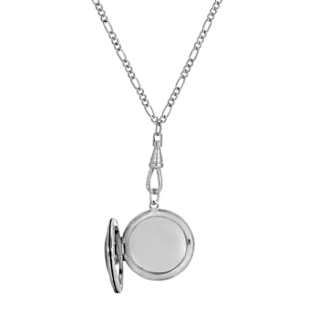 White Base Metal Black Decal Pink Flowers Locket Necklace 28"