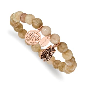 Rose Stainless Steel Antiqued and Polished Owl Taupe Dyed Jade Bracelet
