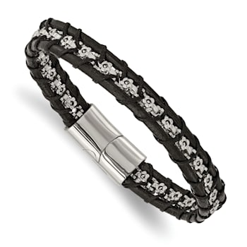 Black Leather and Stainless Steel Polished Flower Link 8.25-inch Bracelet