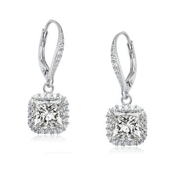 Square CZ Halo Drop Earrings In Sterling Silver
