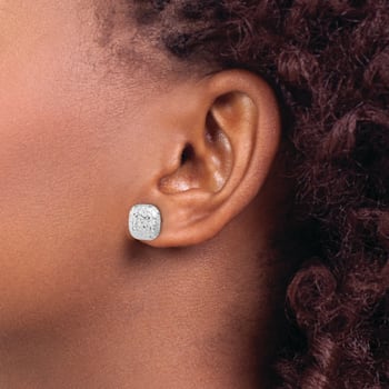 Rhodium Over 14k White Gold Polished and Diamond-Cut 10mm Puffed Square
Stud Earrings