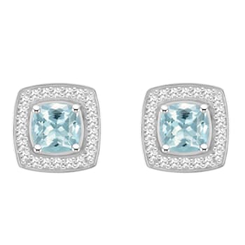 5mm Cushion Aquamarine 1/5 ctw Diamond Rhodium Over Sterling Silver Halo
Stud Earrings