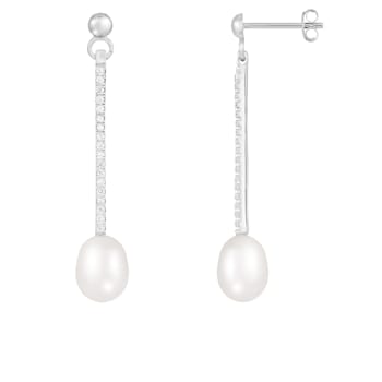 White Cultured Freshwater Pearl and Cubic Zirconia Rhodium Over Sterling
Silver 7-8mm Drop Earrings
