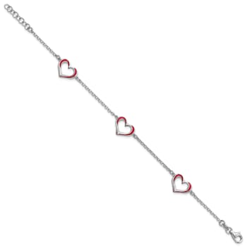 Sterling Silver Rhodium-plated Red Enamel 3-Heart with 0.5 Inch
Extension Bracelet