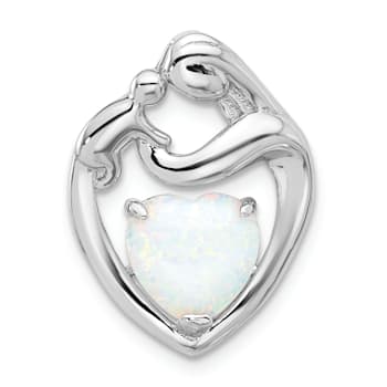 Rhodium Over Sterling Silver Lab Created Opal Mother and Child Heart
Slide Pendant