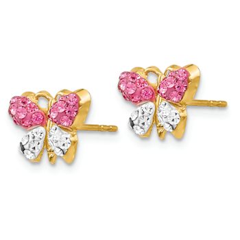 14k Yellow Gold Pink and White Crystal Butterfly Stud Earrings