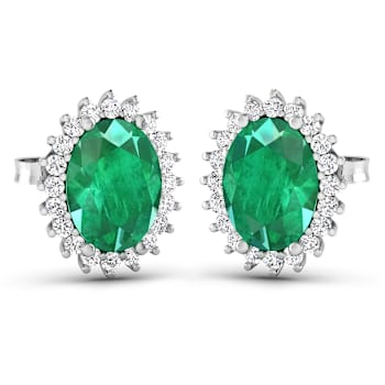 2.0ctw 14K White Gold  Zambian Green Emerald and White Diamond Halo Earrings