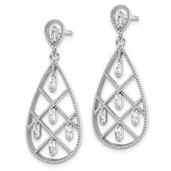 Rhodium Over Sterling Silver Textured Cubic Zirconia Teardrop Dangle Earrings