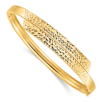 14k Yellow Gold Polished and Diamond-Cut Overlap Hinged Bangle