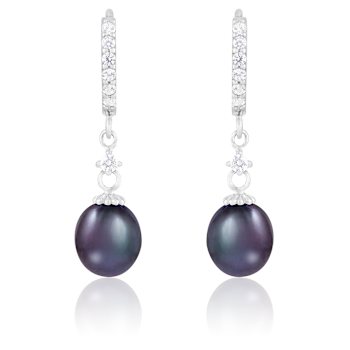 7-8mm Black Cultured Freshwater Pearl and Cubic Zirconia Rhodium Over
Sterling Silver Earrings