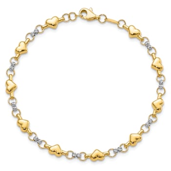 14k Two-tone Gold Polished Diamond-Cut Heart Link Bracelet
