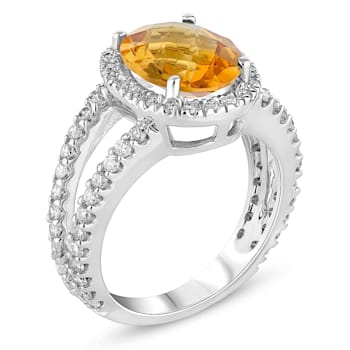Citrine and Diamond 14k White Gold Halo Split Shank Ring 3.60ctw