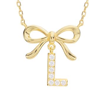Initial L Bow CZ Necklace In 14K Gold Over Sterling Silver 0.23ctw