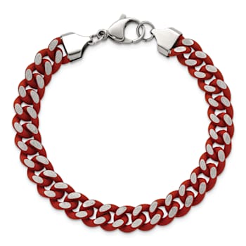 Stainless Steel 9mm Polished Red Enameled and Rubber Coated Curb Link Bracelet