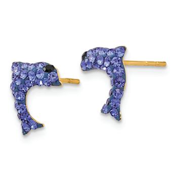 14k Yellow Gold 9mm Blue Crystal Dolphin Stud Earrings