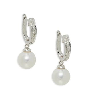 14KW Hoop Earrings  0.11 ctw  Diamond , White 9mm Cultured Pearl