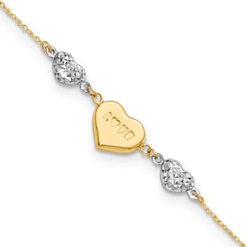 14k Two-tone Gold Puffed Love Heart and Diamond-Cut Hearts Bracelet