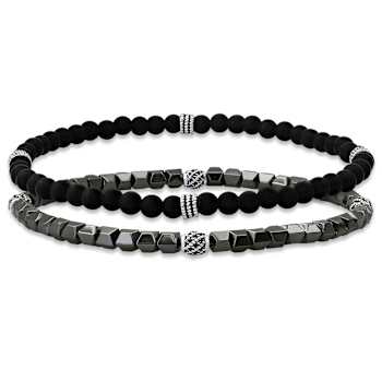 Black Lava Rock Beaded Stretch Bracelet Set