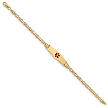 14k Yellow Gold Medical Soft Diamond Shape Red Enamel Mariner Link ID Bracelet