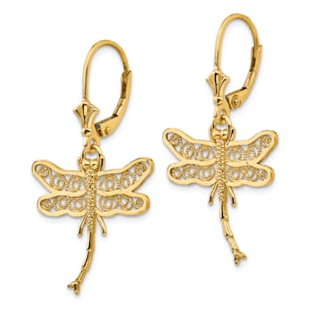 14k Yellow Gold Dragonfly with Filigree Wings Dangle Earrings