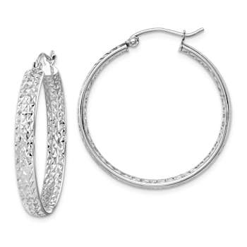 Rhodium Over 14k White Gold Diamond-Cut 1 1/8" In and Out Hoop Earrings