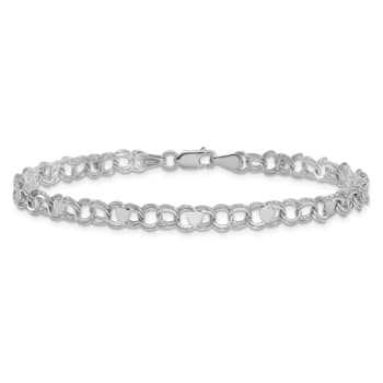 Rhodium Over 14k White Gold 4mm Double Link with Hearts Charm Bracelet
