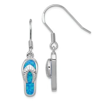 Rhodium Over Sterling Silver Created Blue Inlay Opal Sandal Dangle Earrings