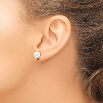 14K Yellow Gold 8-8.5mm White Round Freshwater Cultured Pearl Ruby Post Earrings