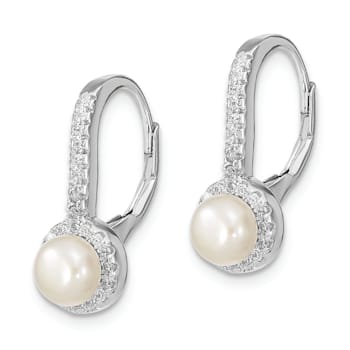 Rhodium Over Sterling Silver Freshwater Cultured Pearl and CZ Halo
Leverback Dangle Earrings