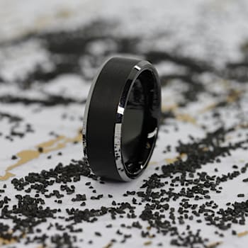 ASTON Black Brushed Center Tungsten Ring with Polished Beveled Edges 8mm