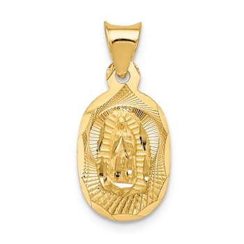 14k Yellow Gold Polished, Brushed and Diamond-Cut Lady of Guadalupe Oval Pendant