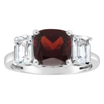 8mm Square Cushion Garnet And White Topaz Rhodium Over Sterling Silver Ring
