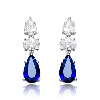Sapphire Color CZ Drop Earrings In Sterling Silver
