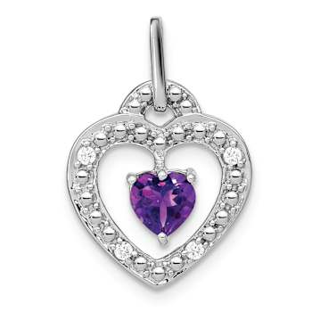 Rhodium Over 14k White Gold Amethyst and Diamond Heart Pendant