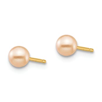 14K Yellow Gold 3-4mm Pink Round Freshwater Cultured Pearl Stud Earrings