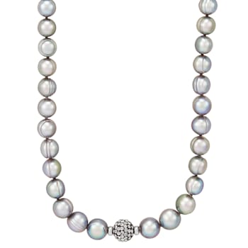 7-10mm Gray Freshwater Pearl with Crystal Accents Sterling Silver Strand Necklace